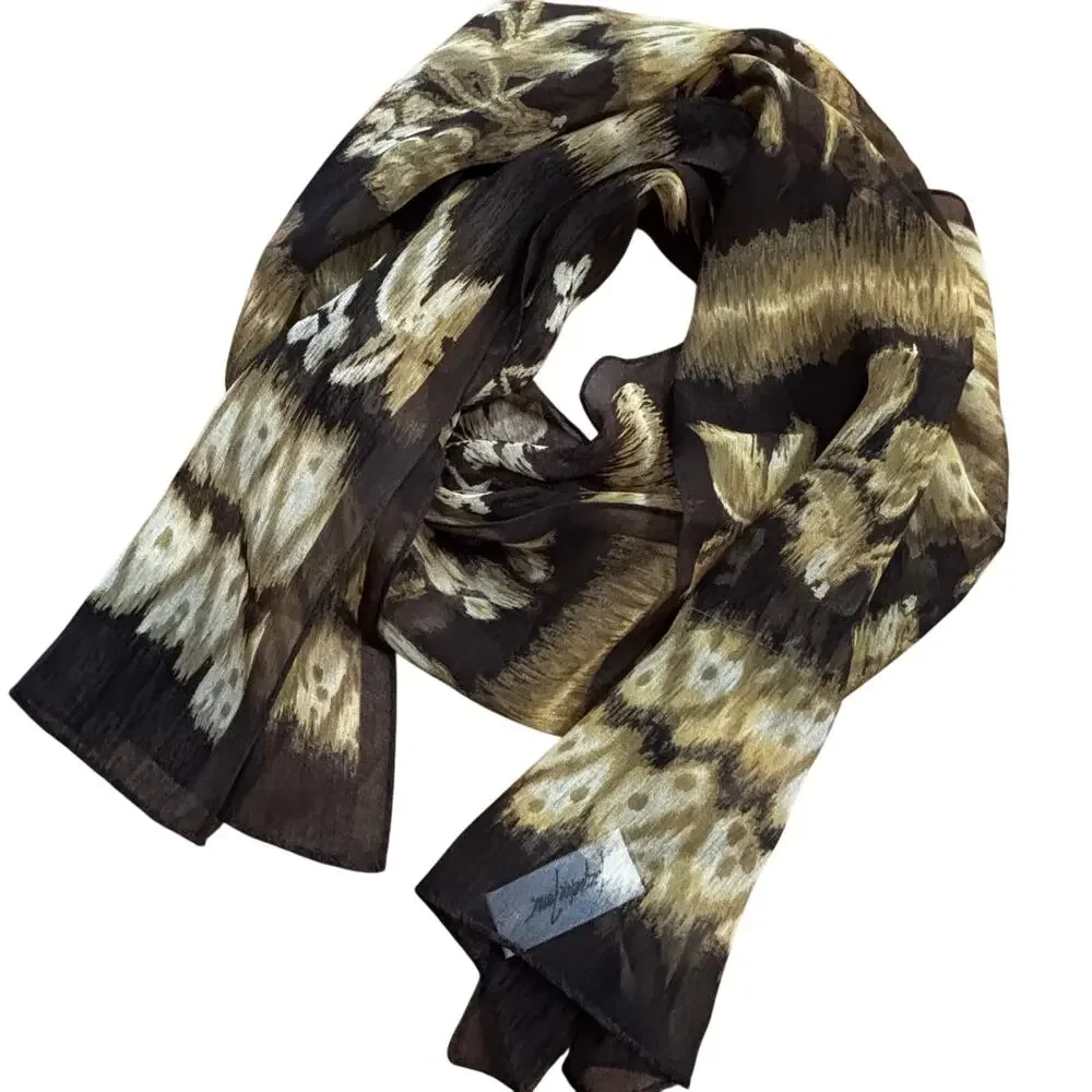 Vintage Y2K Jacqueline Ferrar sheer silk scarf cream & brown tribal rectangle